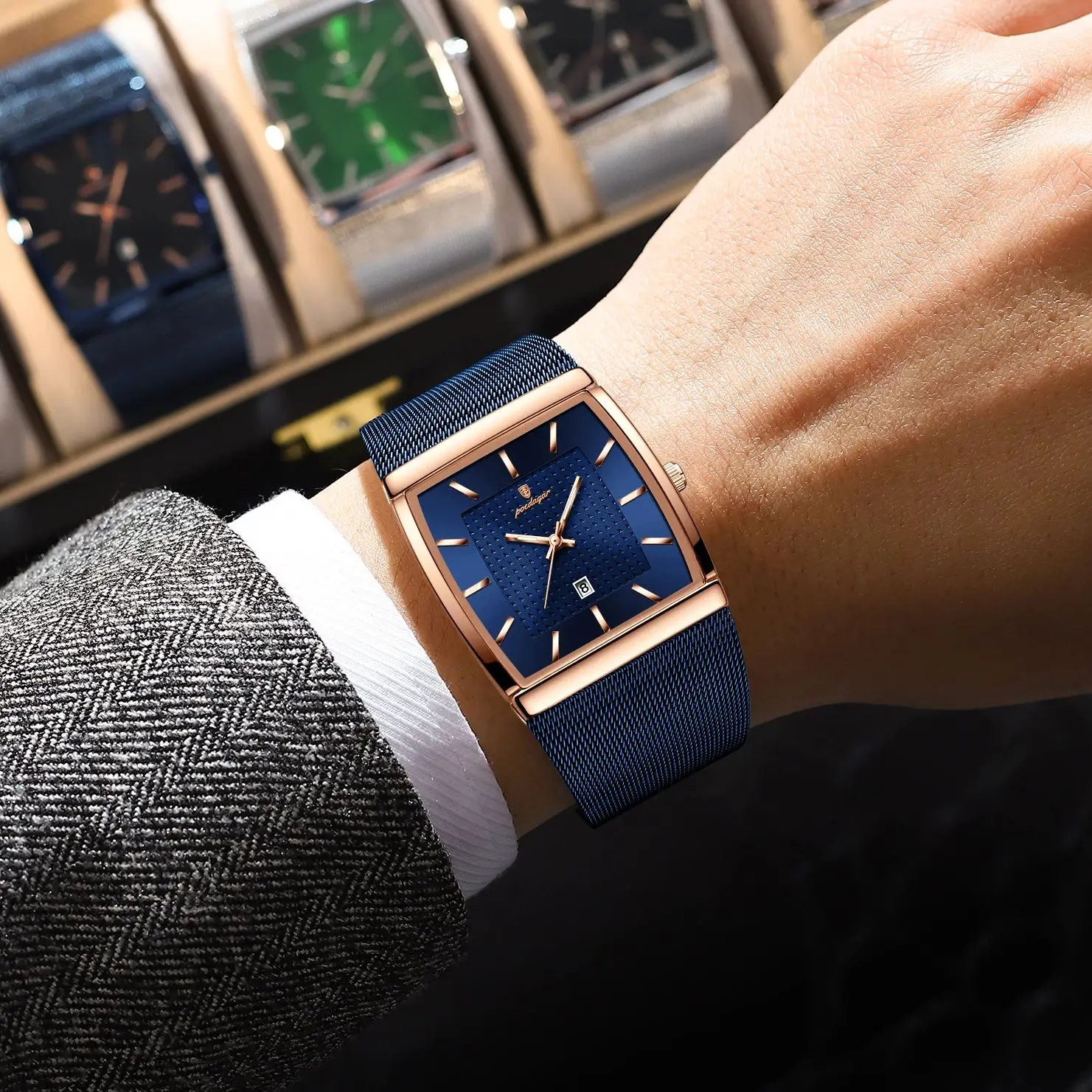 POEDAGAR الأصلي الفاخرة ساعة يد رجالي شبكة من الاستانلس استيل مقاوم للماء مضيئة تاريخ رجل ساعة موضة ساعات كوارتز للرجال