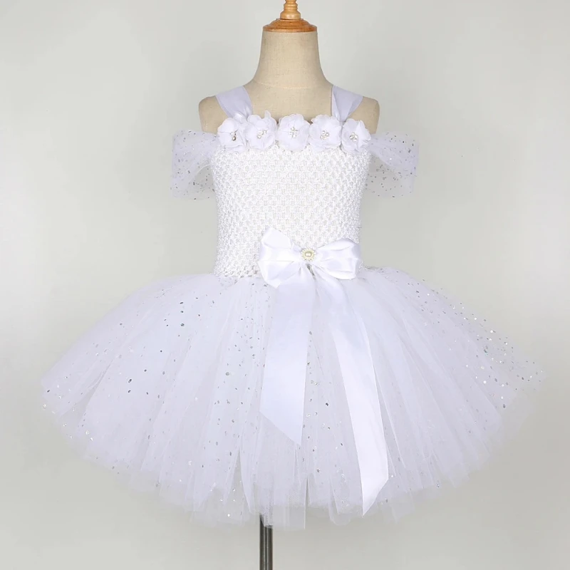 Sparkling White Angel Costumes for Girls Flower Fairy Tutu Outfit with Wings Set Girl Clothes for Kids Christmas Halloween Dress