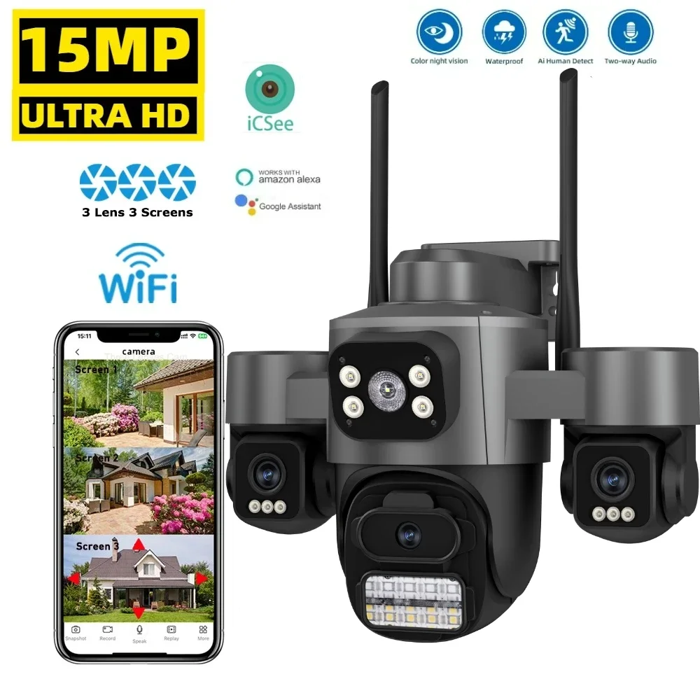 

15 МП HD IP-камера с тремя экранами, Wi-Fi, уличная, 4K, с двумя объективами, с ИИ-обнаружением человека, водонепроницаемая, видеонаблюдение, iCsee