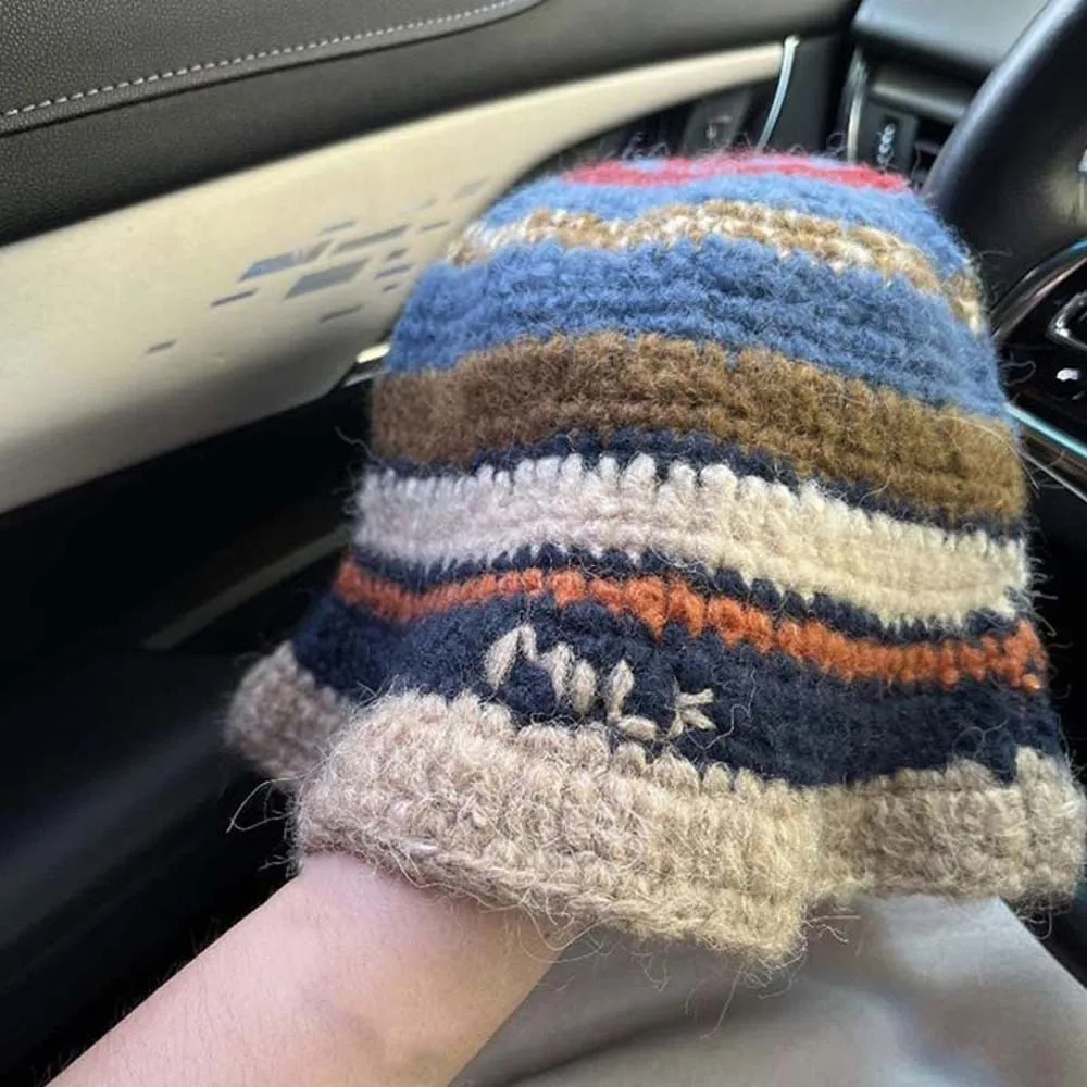 

Visor Cap Warm Knitted Bucket Hat Temperament Contrast Color Striped Fisherman Hat Windproof Anti-cold Woven Basin Cap Women