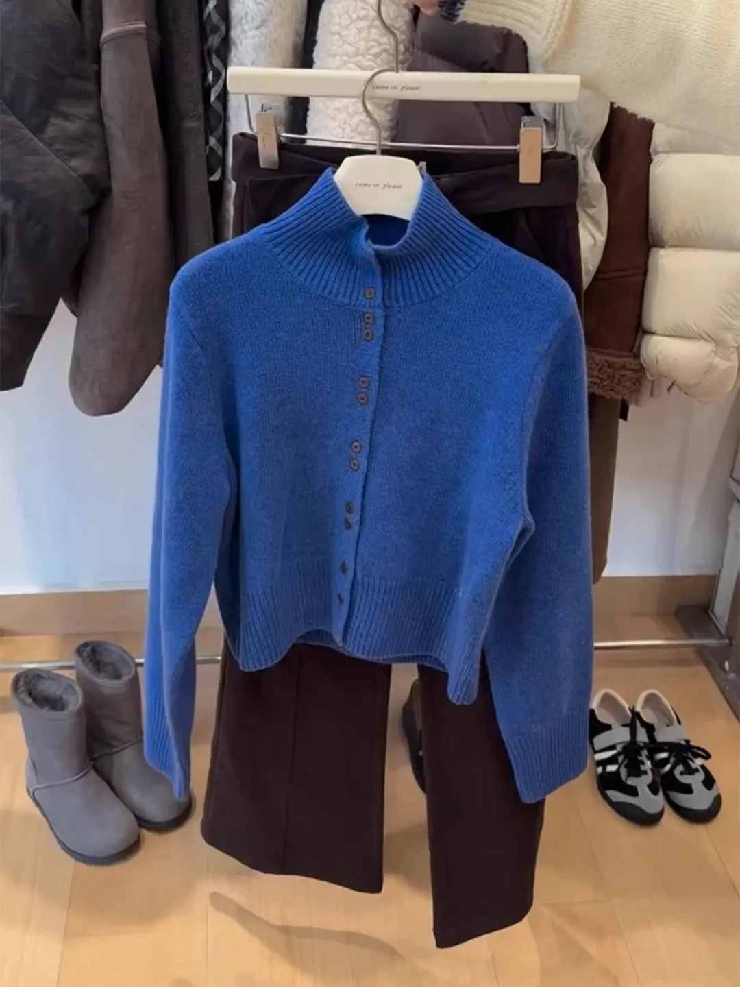 

Корейский синий вязаный кардиган с высоким воротником, уникальный дизайн, удобный длинный свитер-жакет для женщин, зимний топ