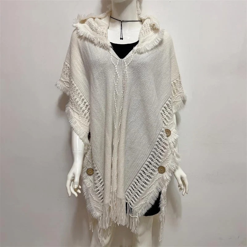 

plus Size Women's Hooded Pullover Sweater Tassel Bata Hollow out Batwing Sve Mid-Length Color Casual Faion