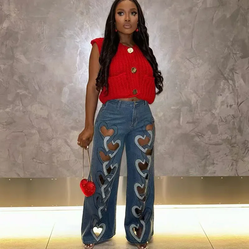 Heart-shaped Hollow Out Denim Pants Women Y2K Clothes High Waist Button Fly Loose Straight Wide Leg Trousers Pantalon Femme