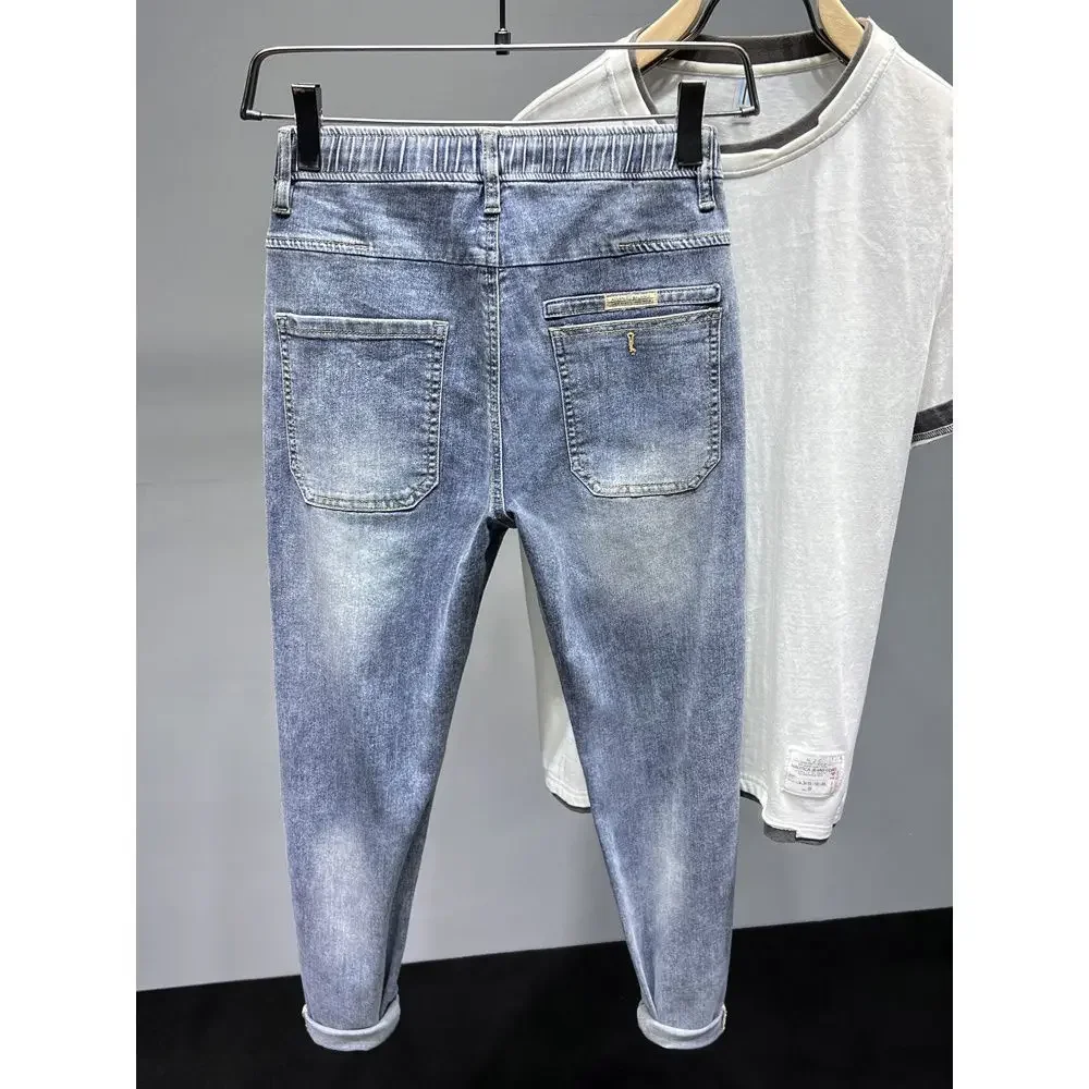 New Spring Summer Korean Fashion Men Luxury Jeans Overalls Elastic Drawstring Cargo Washed Clothing Tapered Baggy Joggers Pants