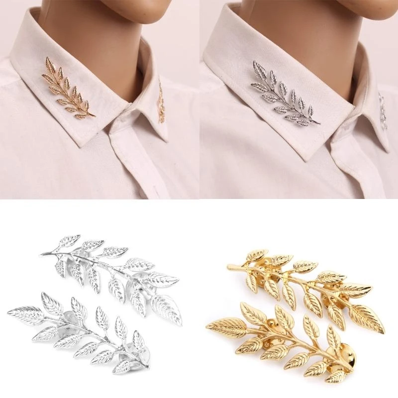 X6HE Fashion Double Tree Leaf Shirt Collar Pin Brooch Gold Silver Gifts for Family Members Girls Teens Women Girl/Boyfriend