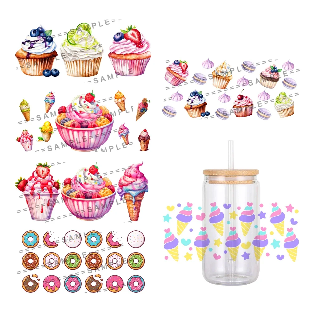 Sweet Desserts Cake Ice Cream Pattern UV DTF Transfer Sticker Waterproof Transfers Decals For 16oz Glass Cup Wrap Stickers