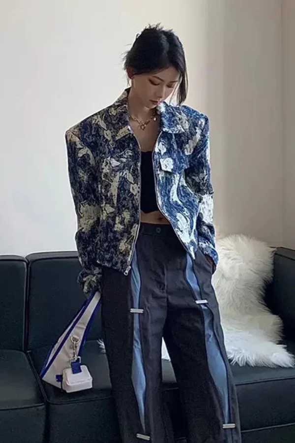 

2024 French Print Denim Jacket Vintage Hong Kong Style Cropped Blazer Women's Spring Fall Fashion Short Top Versatile Retro Chic