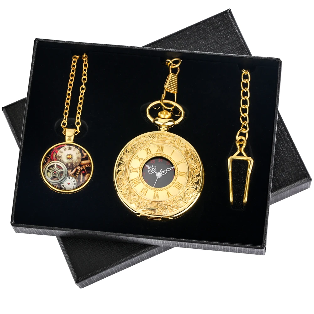 Men's Black Roman Numerals Carved Hollow Cover Quartz Pocket Watch Gift Set Retro Steampunk Pendant Watches Chain Pocket Clock