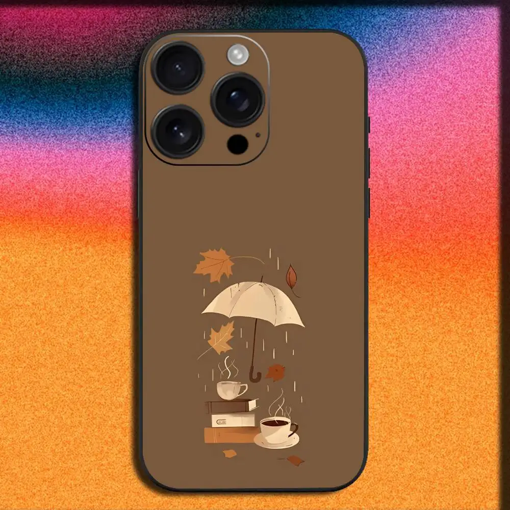 Libro da caffè con foglie autunnali per iPhone 17,16,15,14,13,12,11,Pro,Max,Plus,E,SE4,Air,Mini Cover nera per telefono