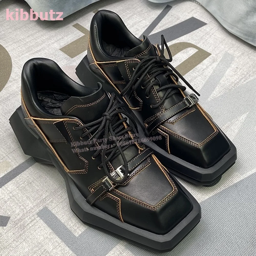 

Genuine Leather Lace-Up Pump Sneakers Square Toe Strange Heel Mixed Color Sewing Fashion Elegant British Concise Women Men Shoes