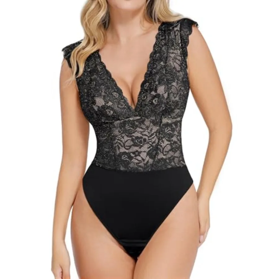 

Popilush Lace Body Suits Women - Tank Top Thong Shapewear Tummy Control Going Out Tops Deep V Neck BodySuit