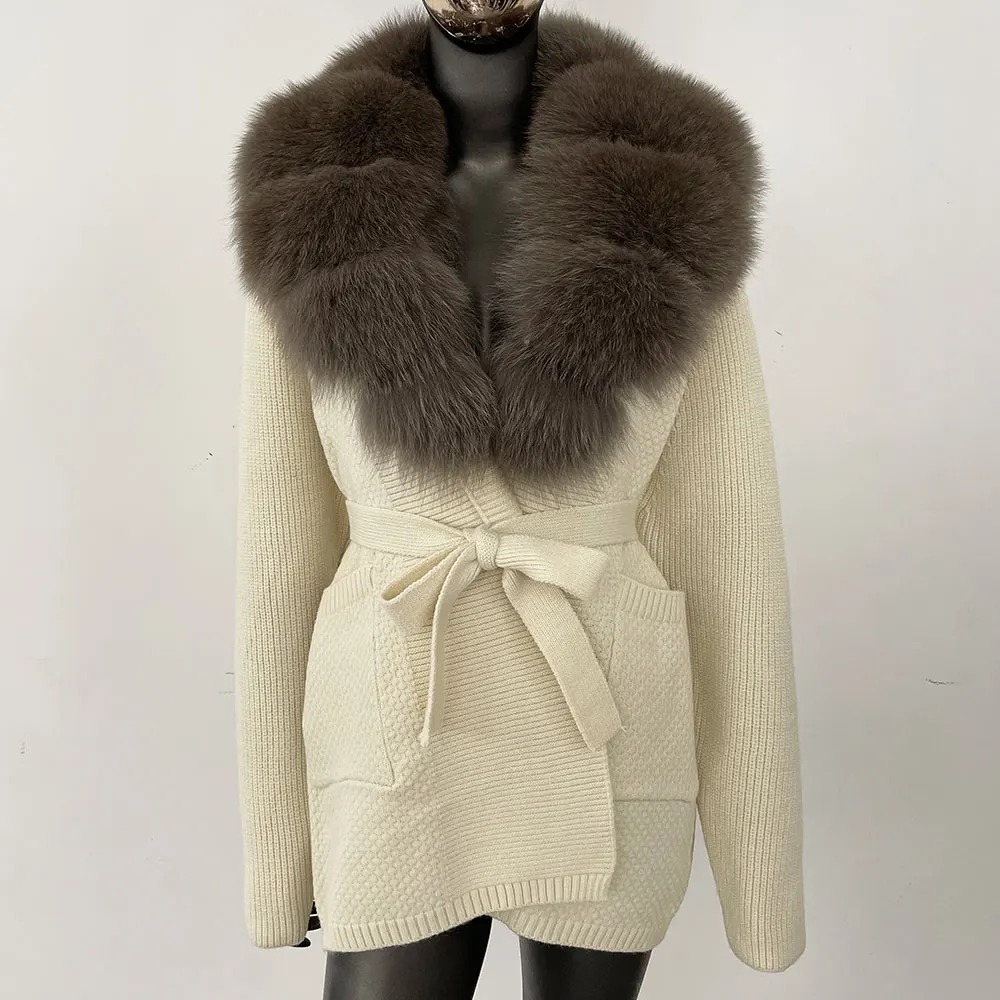 OFTBUY Giacca in pelliccia di procione naturale con cappuccio Autunno Cappotto in vera pelliccia di volpe Cardigan lavorato a maglia Capispalla donna Manica lunga Moda femminile