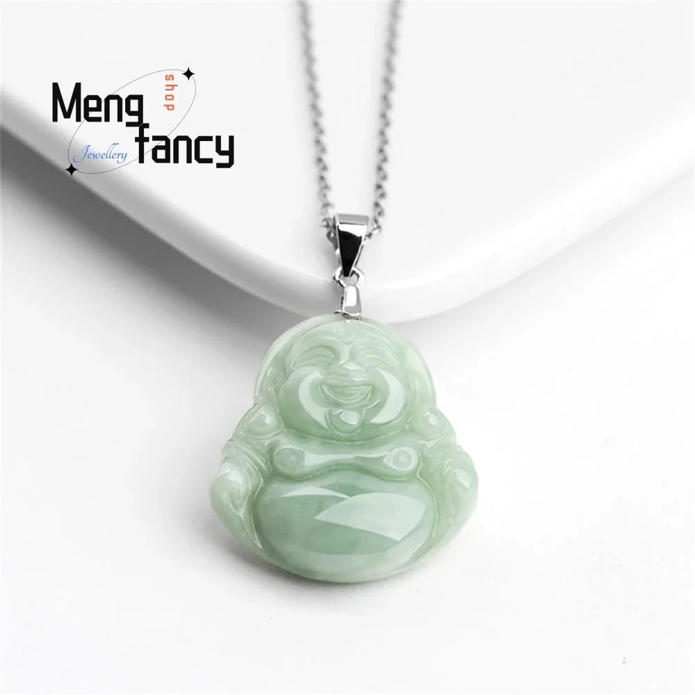 

S925 Silver Necklace Natural Myanmar A-goods Jadeite Light Green Maitreya Buddha Pendant Exquisite Best Selling Fashion Jewelry