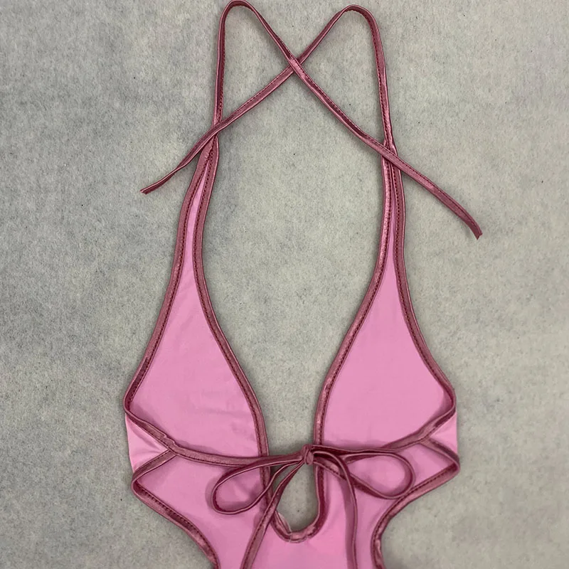 Pink Halter Cut Out One Piece Swimsuit Women Bow Ruffle Deep V Slim Beach Monokini Bodysuit - view 3