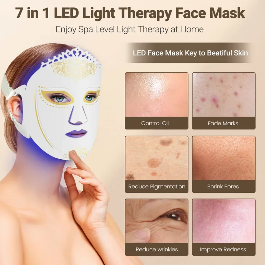 Silicone Red Light Therapy Mask, máscara facial LED, dispositivo de beleza para rejuvenescimento da pele, endurecimento e clareamento, 7 cores, 360pcs