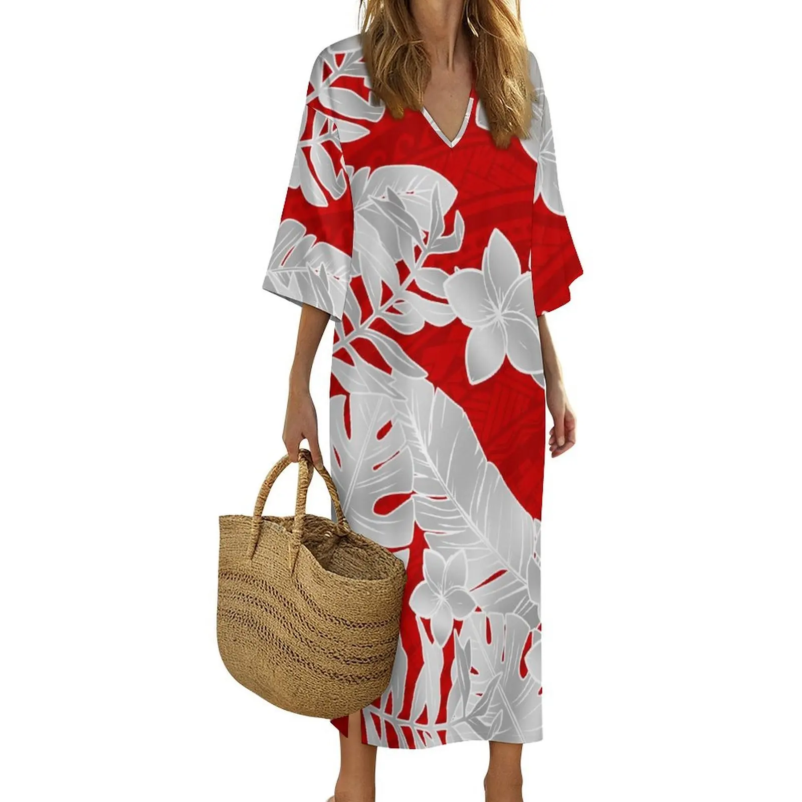 Simple And Elegant Summer New Custom-Made Clothing  Polynesian Floral Print Tribal Art Design Long Dress For Women