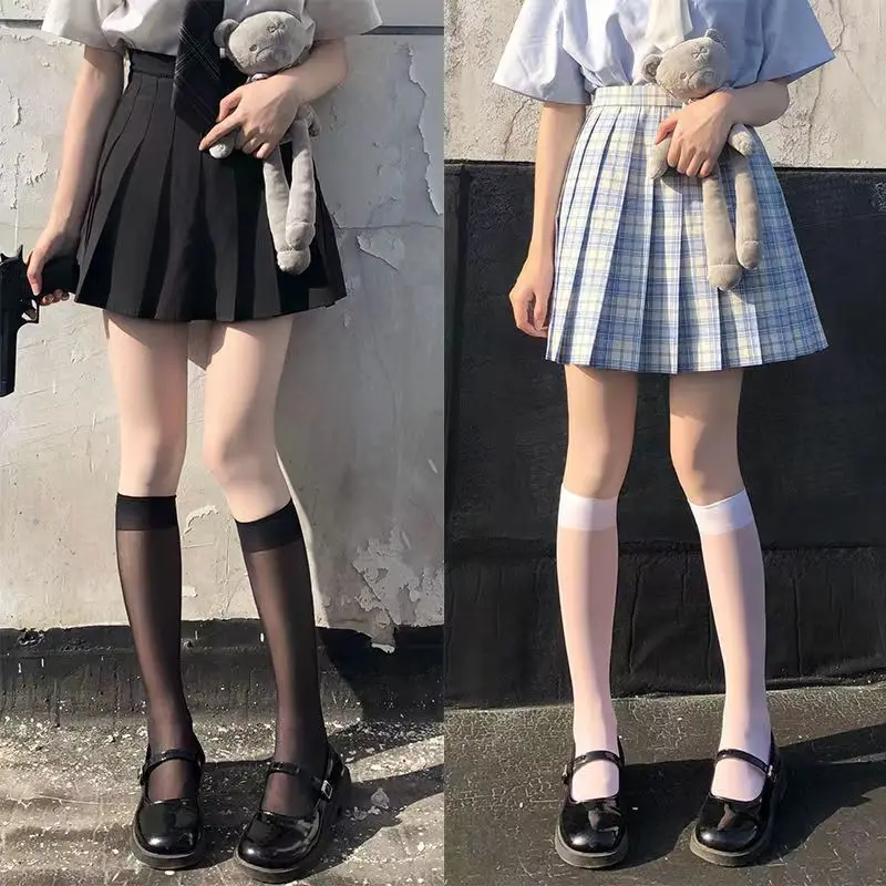 Children Sheer Mid-calf Socks 6-12Y Girls Black White Lace Sheer Thin Breathable Student Daily Skirt Matching Kids Stockings