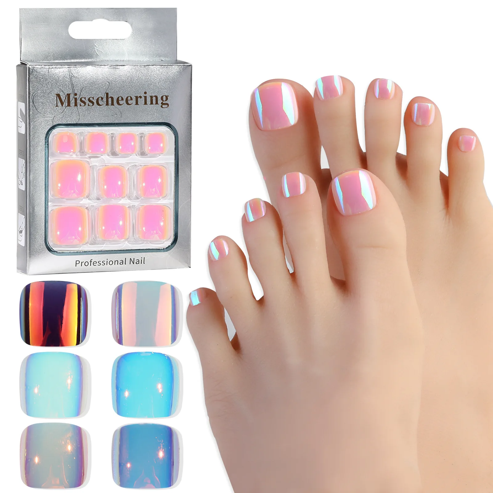 24PCS Plating Aurora Cat Eye Press On False Toenails Manicure Super Flash Magic Summer Fake Nails Wearing Armor Adhesive Set