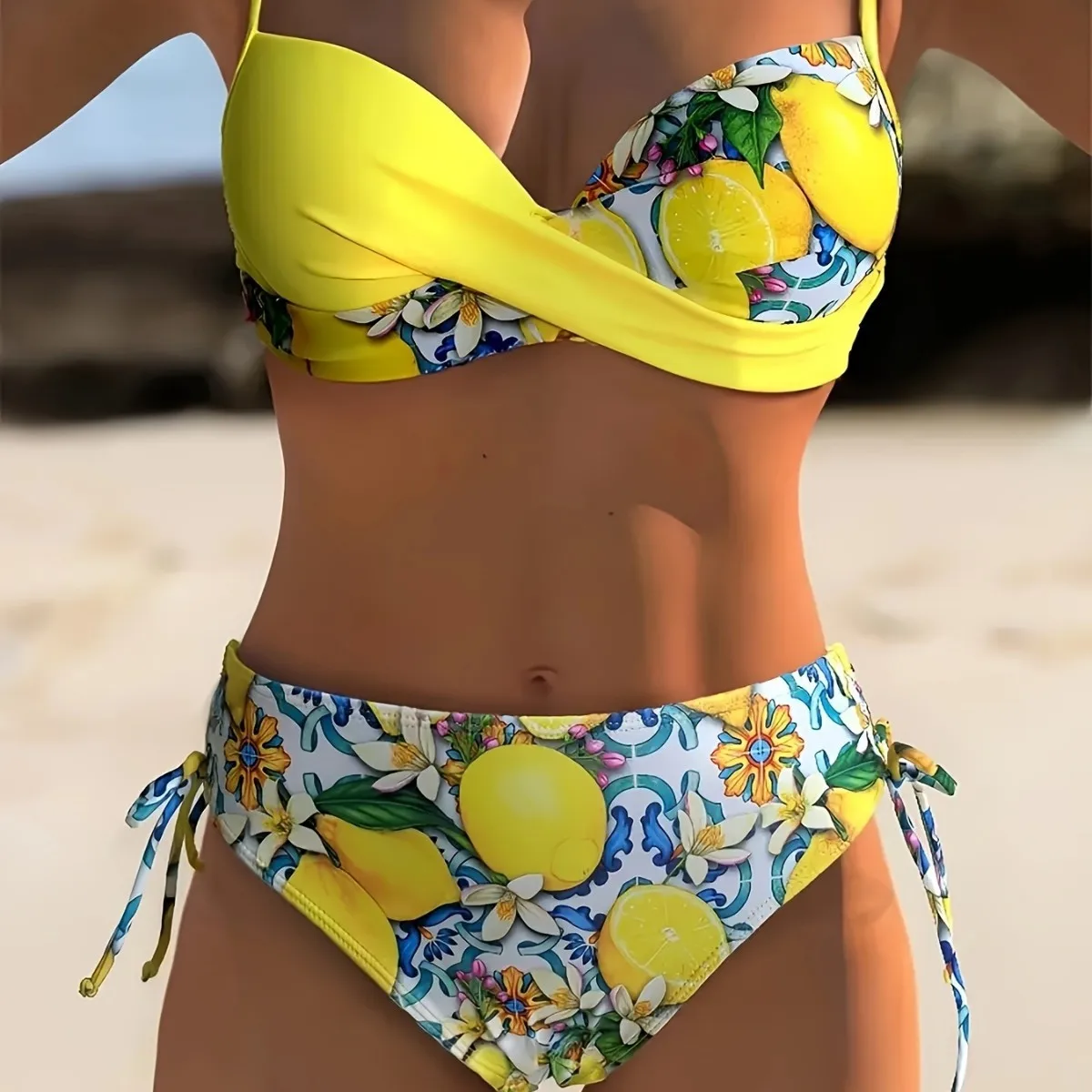Women V Neck Yellow Lemon Print Bikini Set Women's Sexy Two-Piece Swimwear Summer Citrus Beach Swimsuit Holiday Beachwear Women