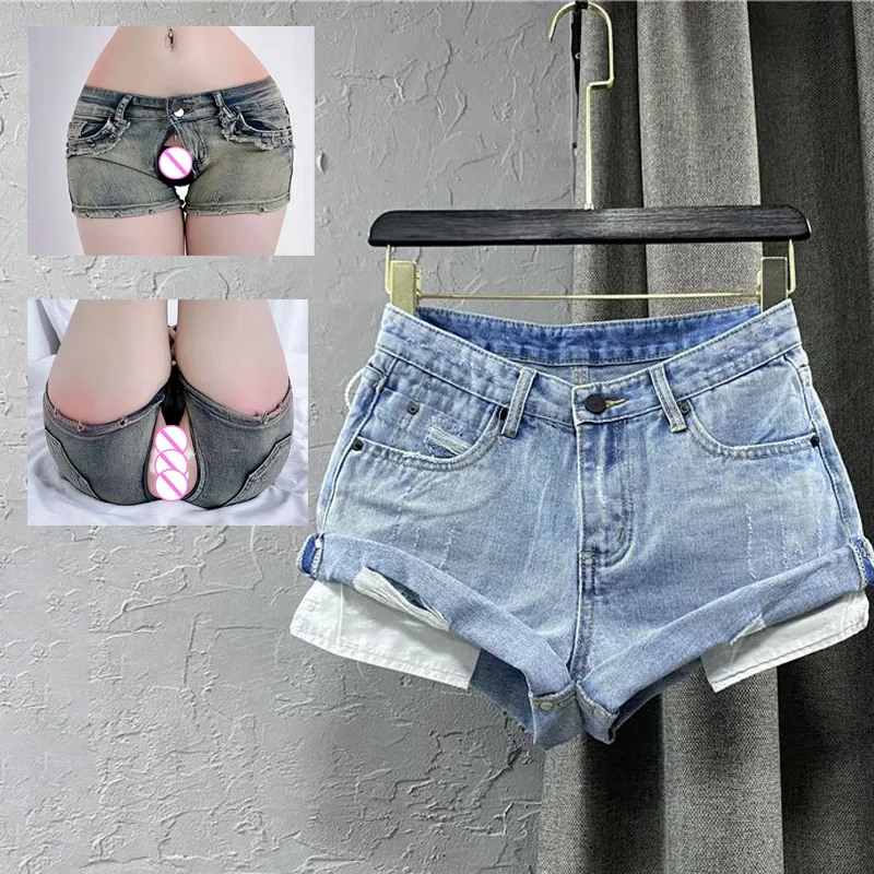 Open Crotch Outdoor Sex Pants High Waist Denim Shorts Women Casual Baggy Denim Y2K Summer Mini HotPants Short Streetwear 2024