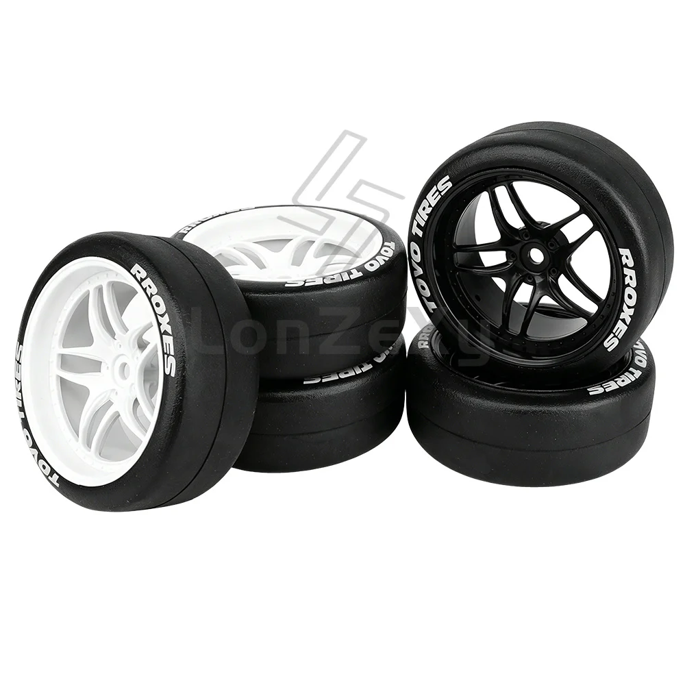 1/10 RC Drift Slick Tires 65.5mm 12mm Hex Hub Black White 5-Spoke Rims Fit TT02 MST HSP Electric Drift Car Upgrade Parts