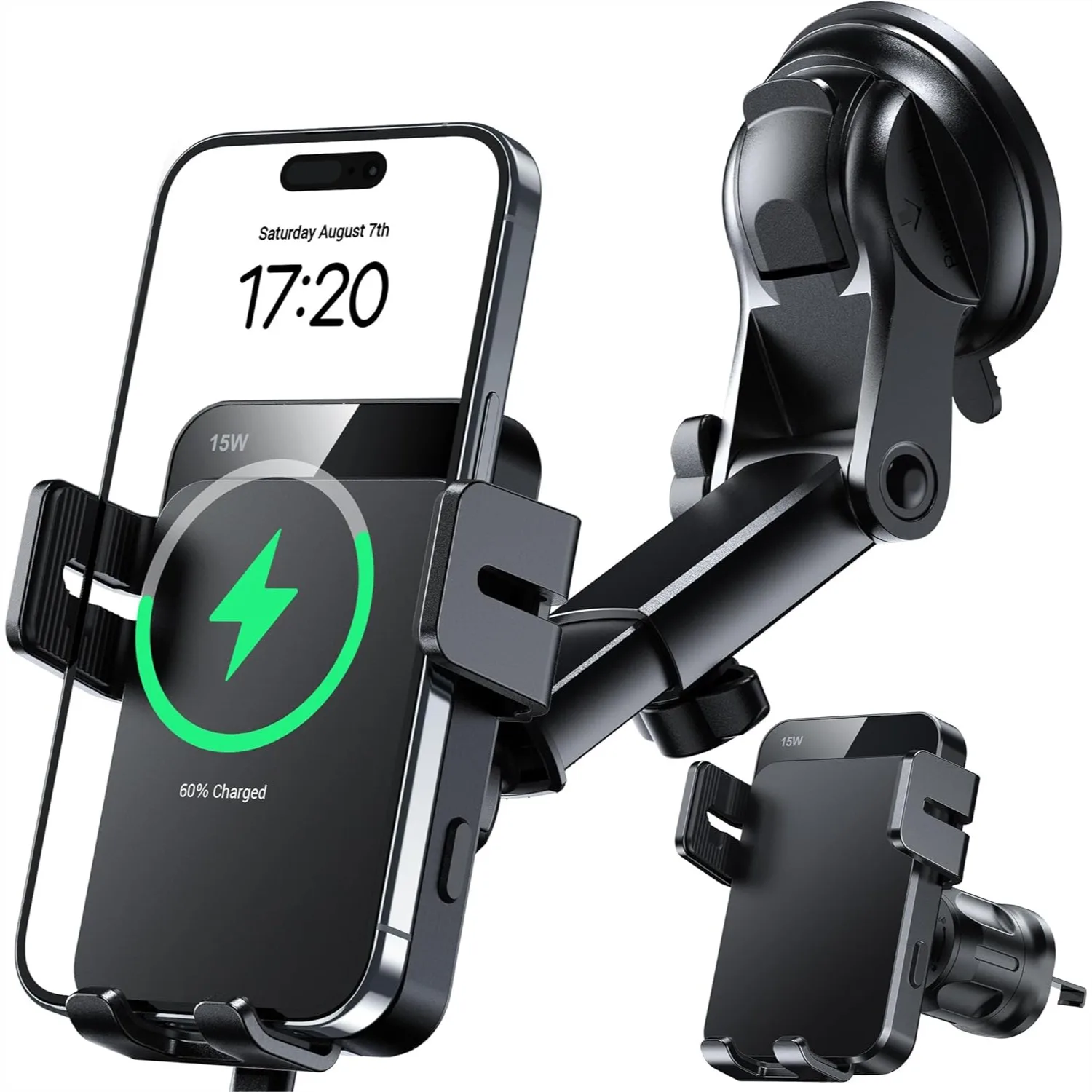 Wireless Car Charger 15W Auto Clamping Phone Holder with Strong Suction Cup For iPhone Samsung