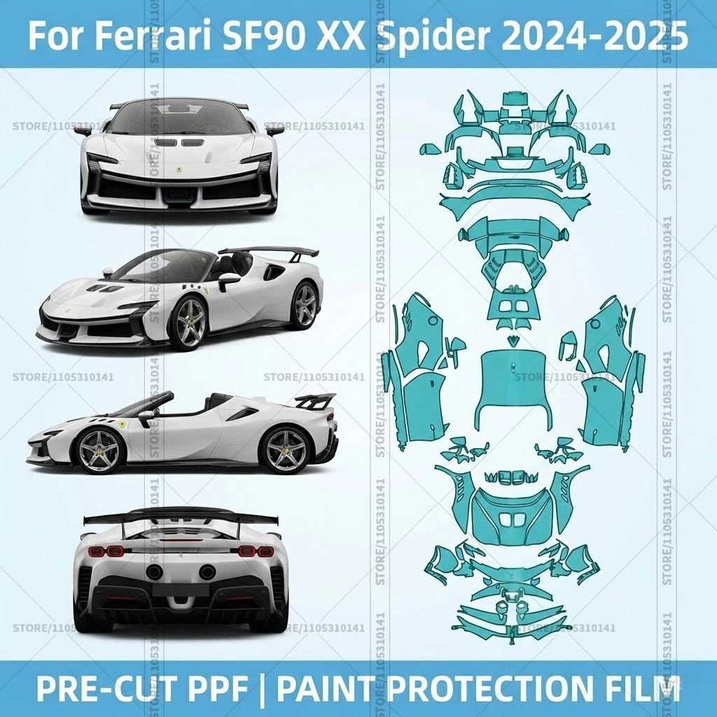 

Для Ferrari SF90 XX Spider 2024-2025: Предварительно вырезанная прозрачная защитная пленка (PPF) для автомобиля, полная защита кузова