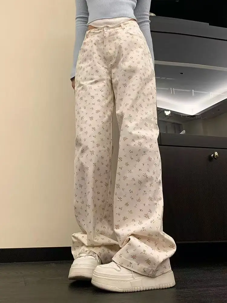 Gedruckt Floral Denim Hose Frauen Jeans Vintage Gerade Hosen Herbst Frühling Mode Weibliche Beiläufige Breite Bein Hosen