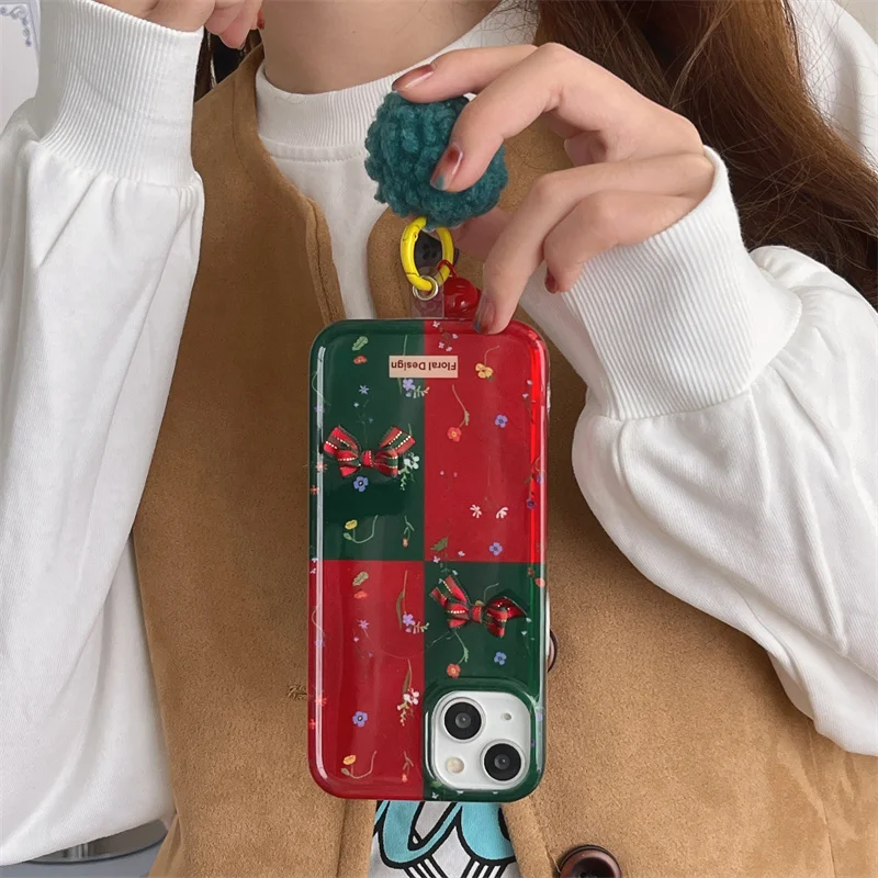 Korean Cute Bow Flower Phone Case For iPhone 16 Pro 12 14 13 15 Pro Max Cover with Plush Ball Christmas Silicone Cases For 15Pro