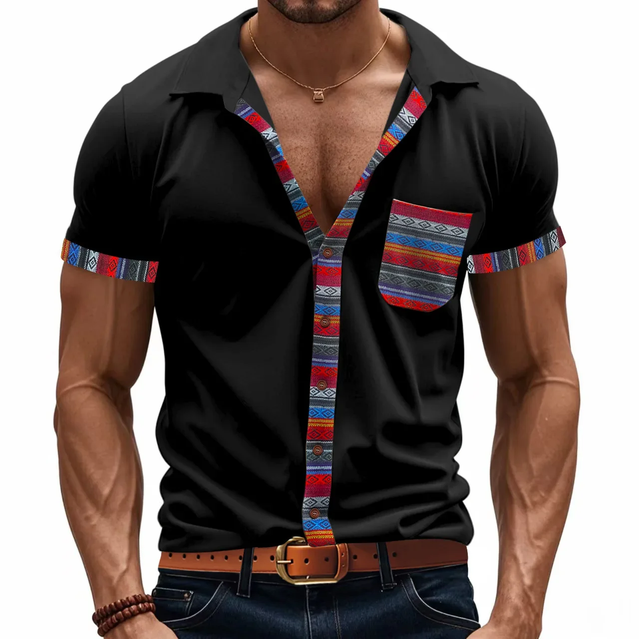 

New Fashion Summer Men's Loose Casual Trendy Single-breasted Short Sleeve Turn-down Collar Shirts Contrast Color Shirts Male