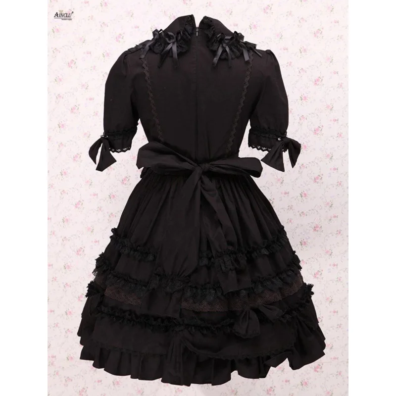 Vestido gótico de Lolita para mujer, disfraces de algodón de manga corta, línea A, XS-XXL, longitud hasta la rodilla, color negro oscuro