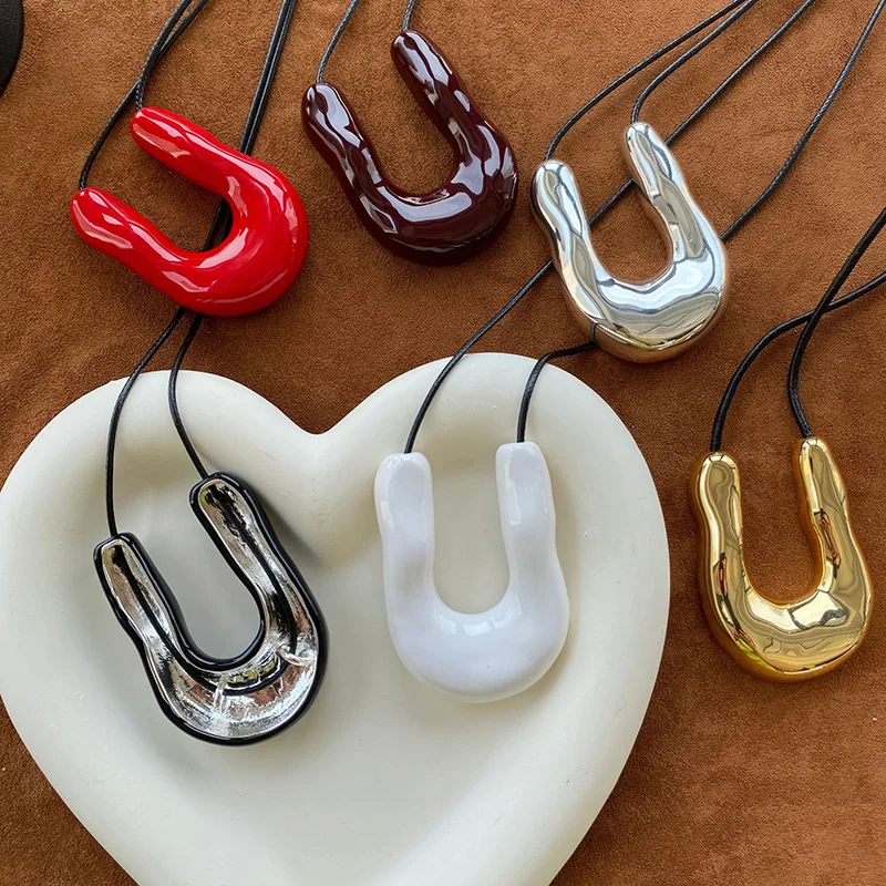 

Red white enamel U shape necklace for women black rope long necklaces minimalist simple jewelry 2025 Fashion new