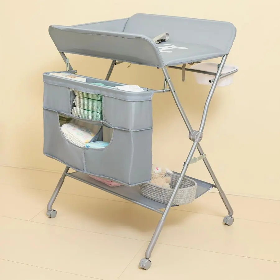 

Складной детский пеленальный столик с колесиками, портативная станция для пеленания с большой сумкой для хранения, усилитель, 4 уровня, регулируемая высота f