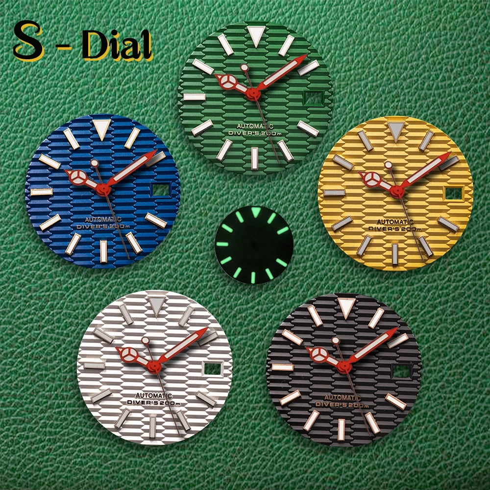 

S логотип 28,5 мм лестничный циферблат SKX007 циферблат без стрелок подходит для NH35 NH36 механизм зеленый светящийся аксессуар для модификации часов