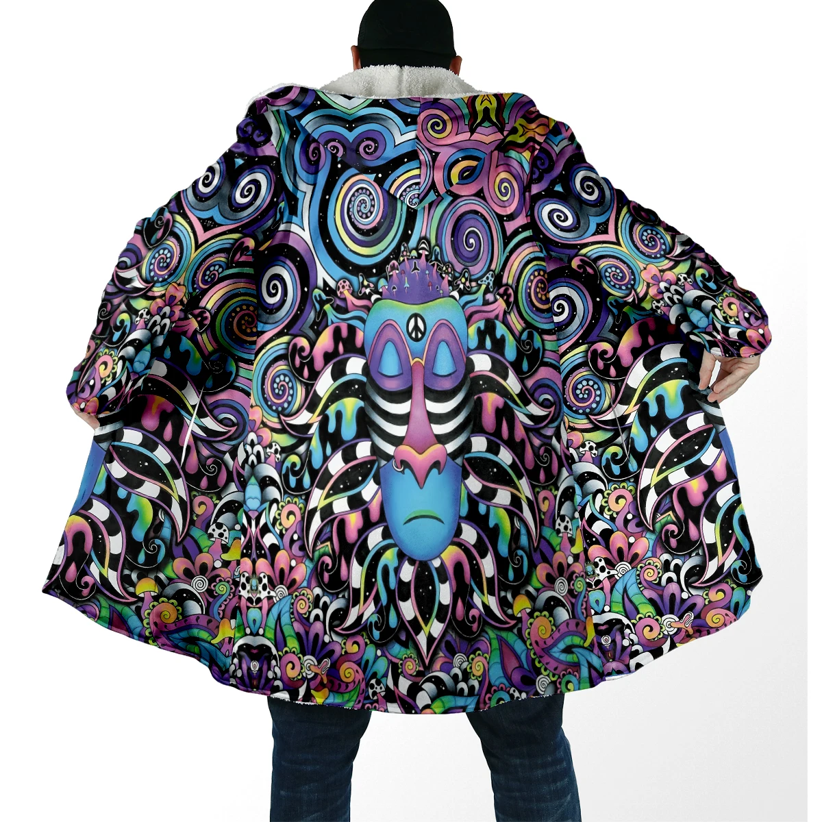 Winter Fashion Men's cloak Psychedelic Elephant Trippy 3D Printed Thick Fleece Hooded Cloak Unisex Casual Warm Cape Coat DP99