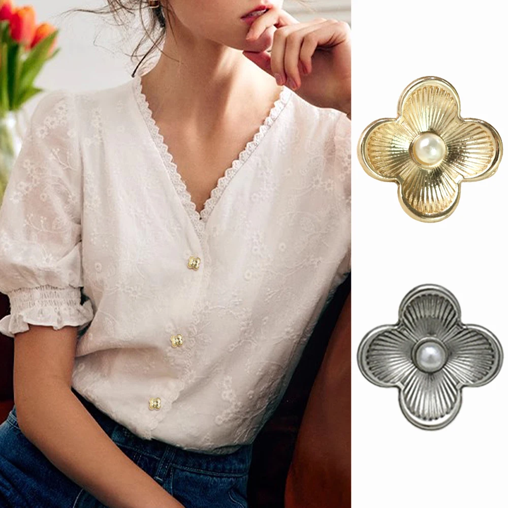 

10pcs Elegant 4-Petal Flower Pearl Metal Buttons for Shirts/Dresses, 11.5mm, Gold/Silver, Delicate Decorative Sewing Buttons