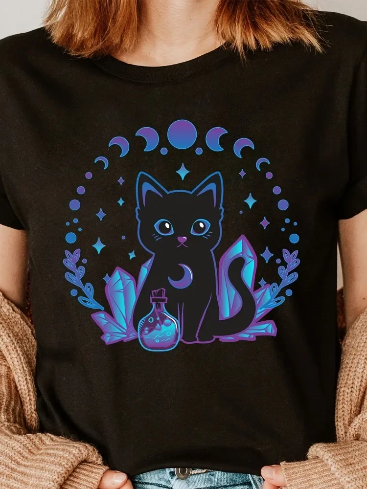 Cute Crystal Black Cat Fashion Letter Print T-Shirt Women Short-Sleeve Crew Neck Casual Top Spring Summer Fall Seasonal Tee Tops