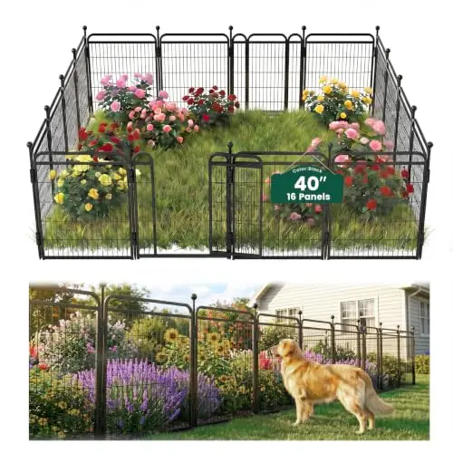 40 in(H) Garden Fence Outdoor for Yard with 2 Gravity Automatic Lock Gates,Heavy Duty Iron 16 Panels Total 34.7ft(L)