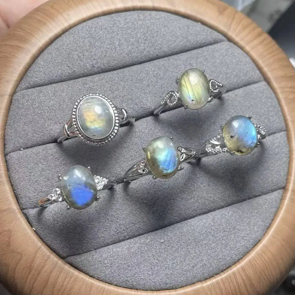 

Natural Labradorite 5-Ring Adjustable Ring White Copper Women's Ring Approx 8x10mm Size Jewelry