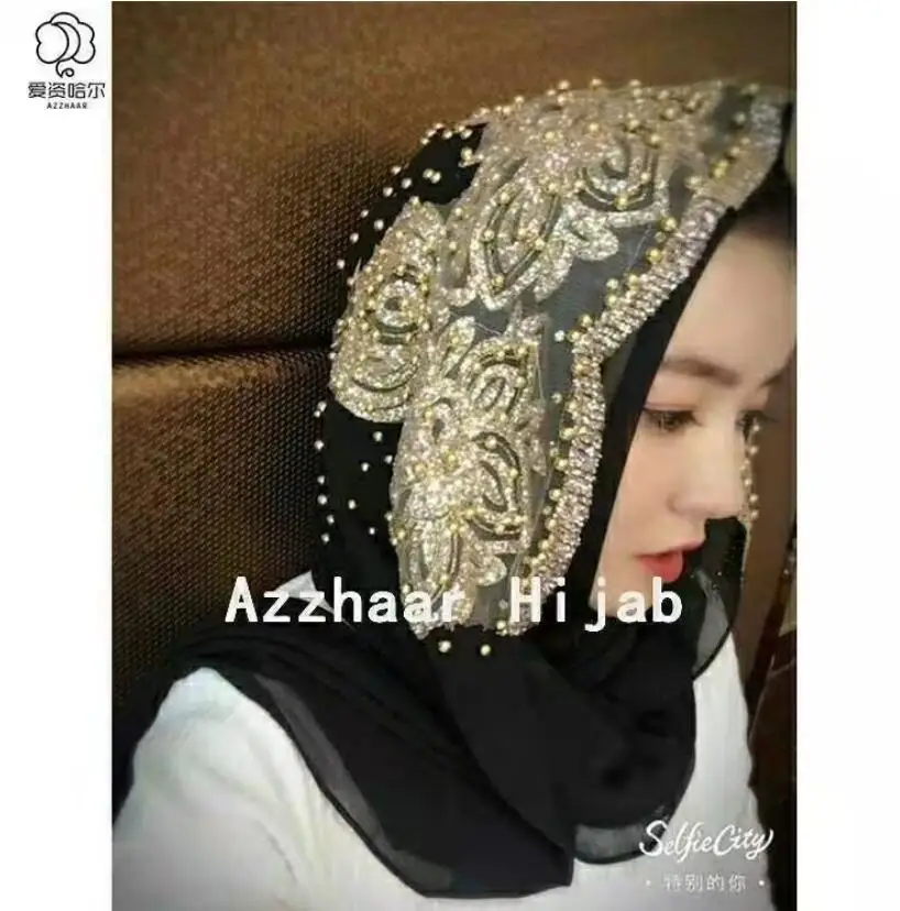 Muslim Chiffon Hijab Beaded Femme Musulman Gold Diamonds Sequins Long Scarf Hijabs Hoofddoek Fashion Plain Turbante