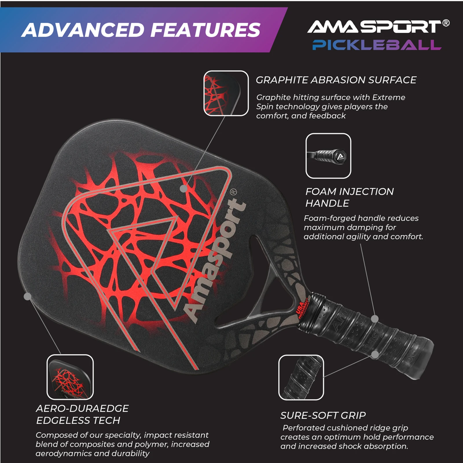 AMASPORT szerokokadłubowa Pickleball wiosło z włókna węglowego Dura Edgeless Tech.