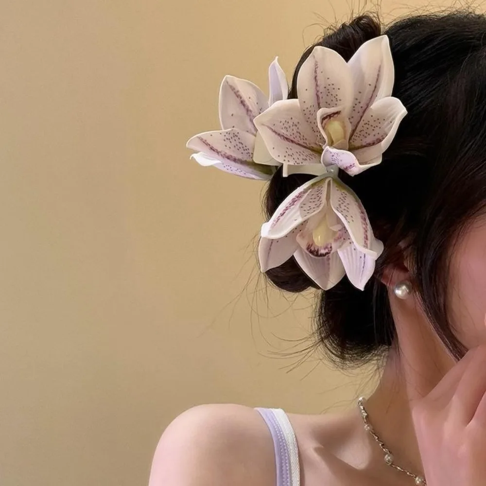 

Purple Elegant Magnolia Shark Clip Sweet Waterproof Yulan Flower Hair Claw Acrylic Fabric Women Hair Accessories Daily
