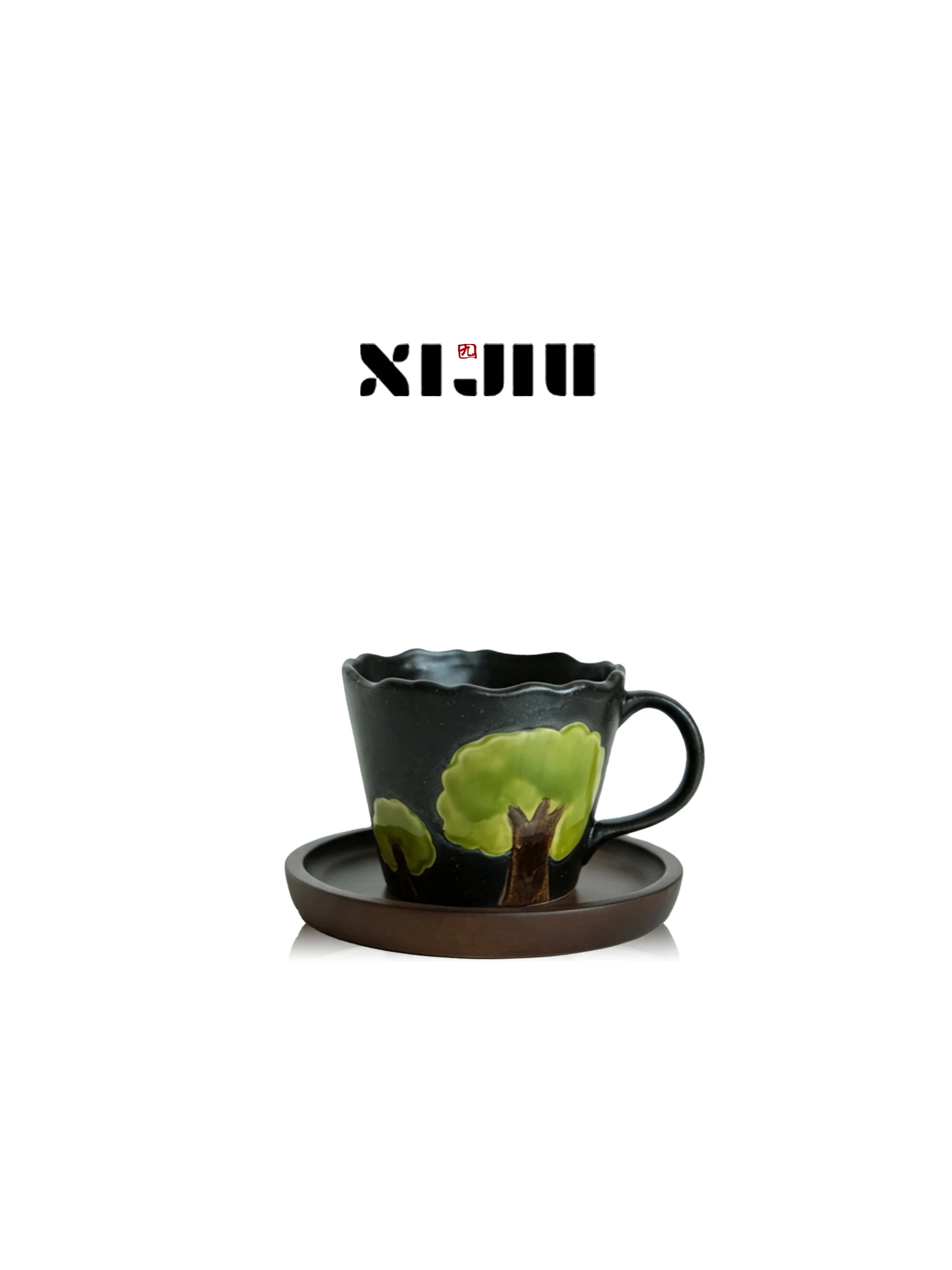 High Aesthetic Design Hand-Painted Forest Black Ceramic Coffee Cup Underglaze Mark Cup Durable Heat Retention for Coffee Lovers