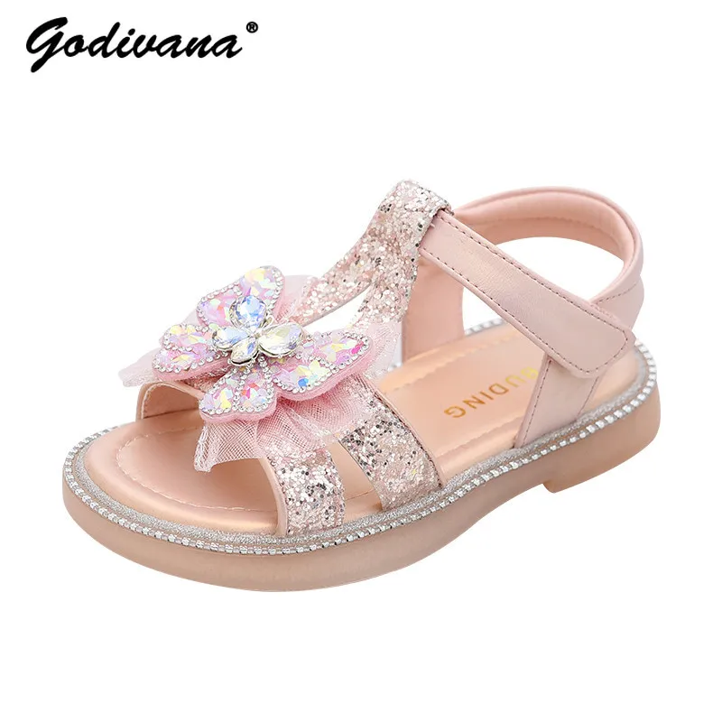 Sweet Baby Girls Princess Sandals Kids 2026 Summer New Fashion Open Toe Rhinestone Bow Soft Non-slip Flat Velcro Party Shoes