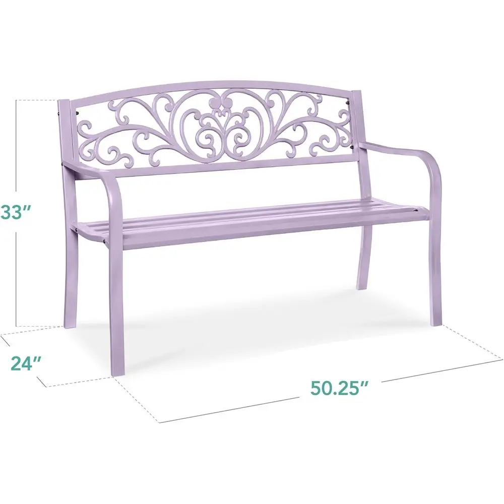 Lavender Steel Outdoor Bench with Floral Backrest for Garden, Patio, Lawn, or Park