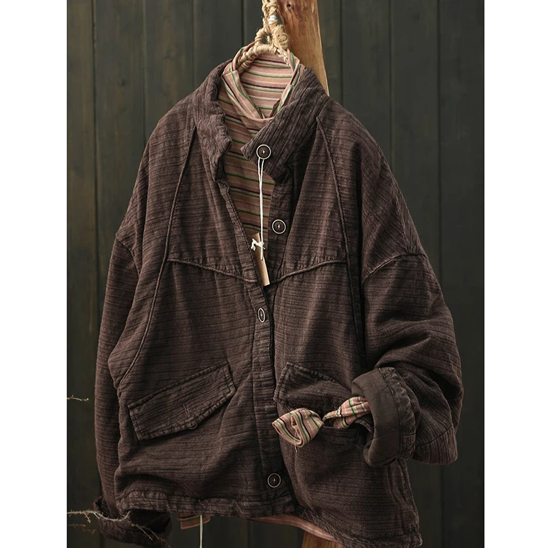 2025 New Arrival Winter Women Long Sleeves O-neck Single Breasted Cotton Linen Parkas Casual Loose Warm Thickened Coats M163