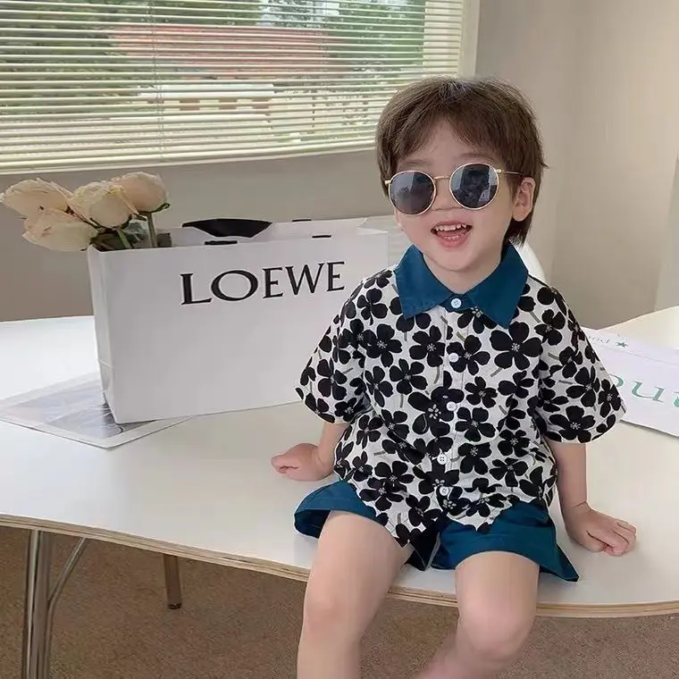 Children Clothing 2023 New Fashionable Flower Suit Baby Short Sleeve Shirt Shorts Handsome Retro Casual Shorts Two Piece Set