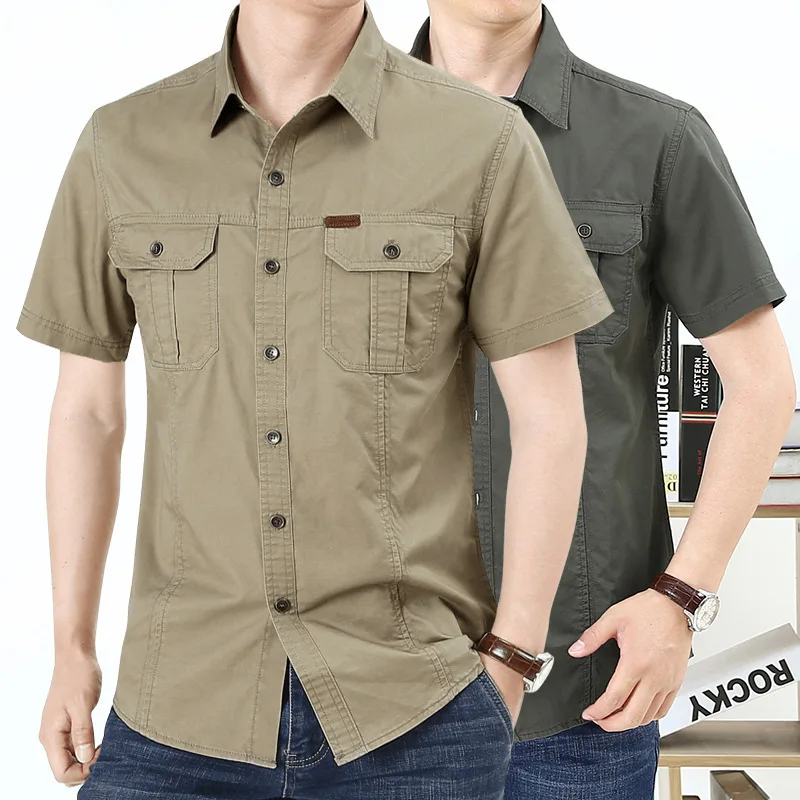 Summer Lightweight Loose Short Sleeve Cargo Shirt Men's Plus Size Olive Casual Top