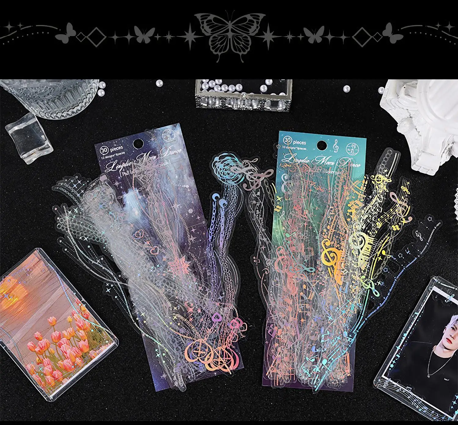 30 Sheets Korean Style Deco Sticker Pack - Cute & Stylish Holographic Foil Stamping Sticker for Kpop Toploader, Journals & More