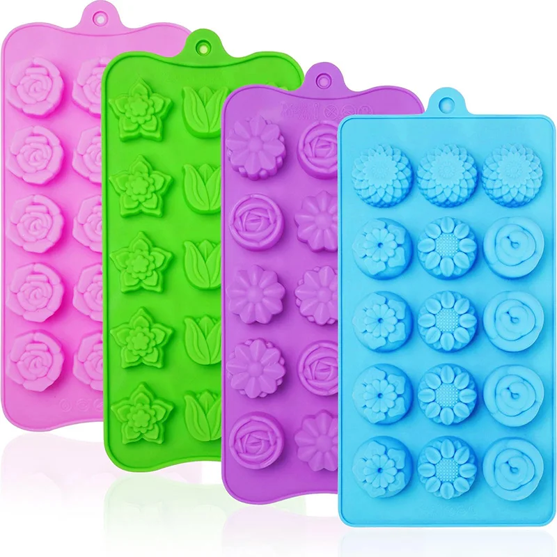 Silicone Chocolate Flower Molds 4 Pack 11 Shapes 60 Cavities Chocolate Candy Fondant Mold Bite Size Rose Floral Ice Butter Mould